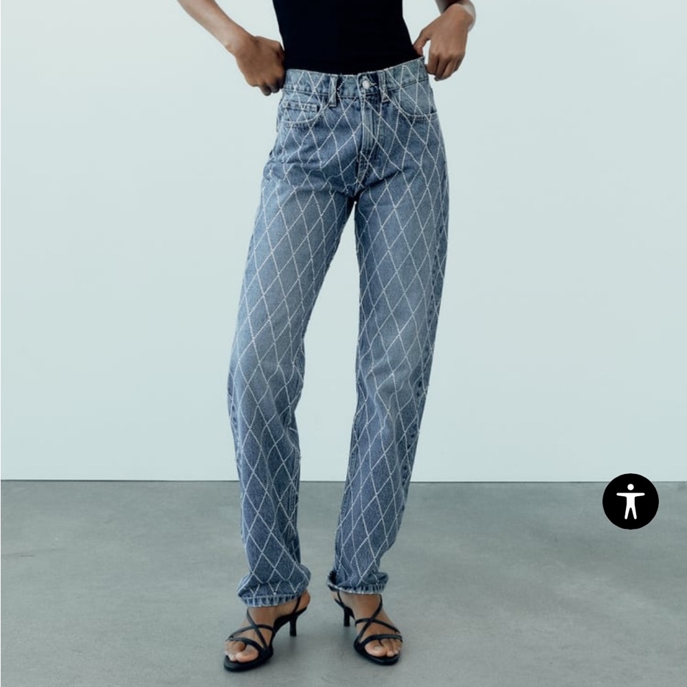 Zara Blue Diamond-Pattern Straight Leg Jeans